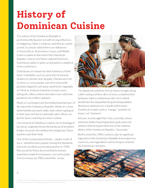 The third page of the Dominican cuisine cook booklet. This page features the history of the cuisine.