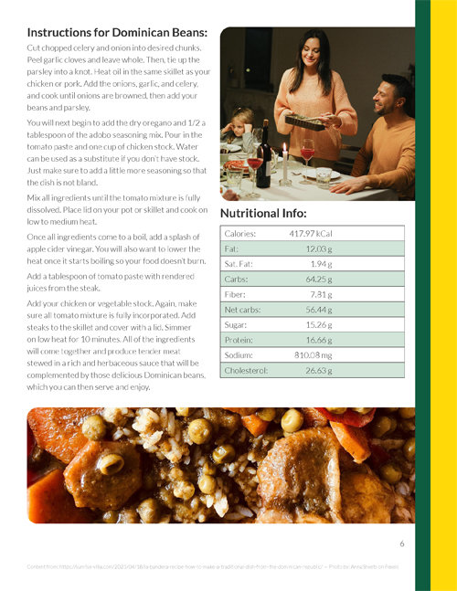 The sixth page of the Dominican cuisine cook booklet. This page features the second half of the recipe for "La Bandera Dominicana."