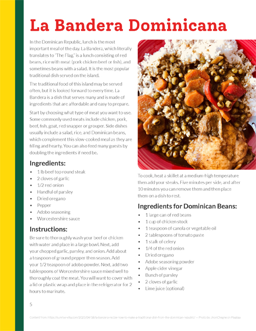 The fifth page of the Dominican cuisine cook booklet. This page features the first half of the recipe for "La Bandera Dominicana."