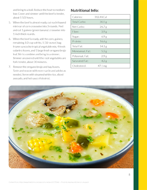 The eighth page of the Dominican cuisine cook booklet. This page features the second half of the recipe for "Sancocho."