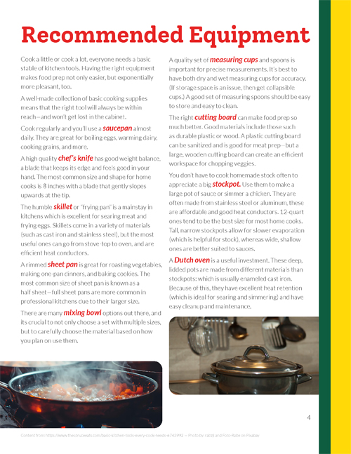 The fourth page of the Dominican cuisine cook booklet. This page features recommended cooking equipment.