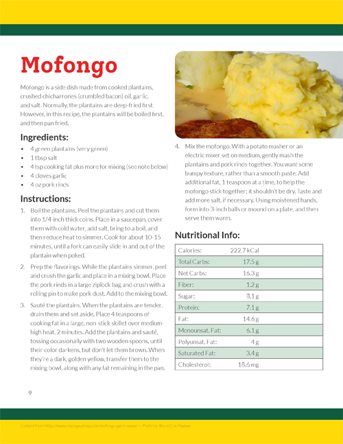 The ninth page of the Dominican cuisine cook booklet. This page features the recipe for "Mofongo."