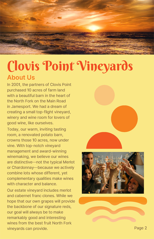 The first page of a promotional booklet for the fictitious "Savory" wine brand. This page is about the vineyard that the brand was made for.