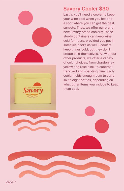 The sixth page of a promotional booklet for the fictitious "Savory" wine brand. This page describes the third and last piece of the brand's non-wine merchandise.