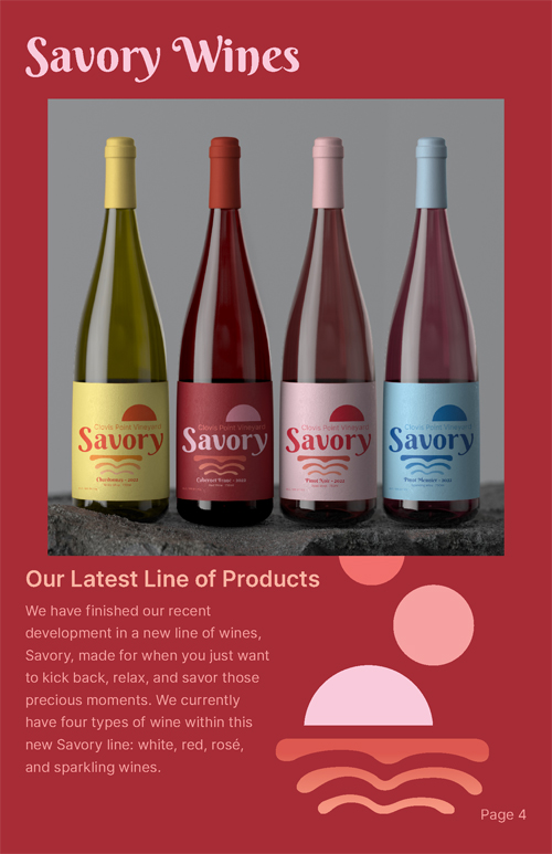 The third page of a promotional booklet for the fictitious "Savory" wine brand. This page showcases the brand's main products: its wine.