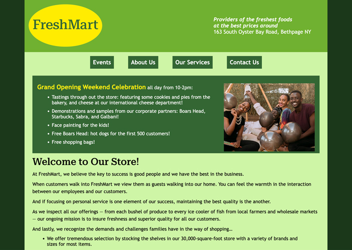 A website for a project based around a fictitious supermarket known as "FreshMart."