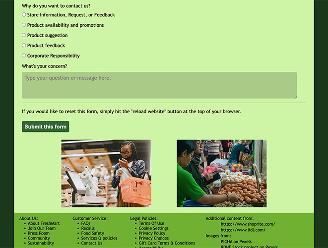 An image of a website for the fictitious "FreshMart" store. The image shows the bottom of the "Contact Us" page.