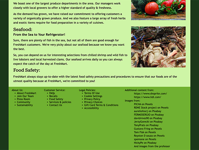 An image of a website for the fictitious "FreshMart" store. The image shows the bottom of the "Our Services" page.