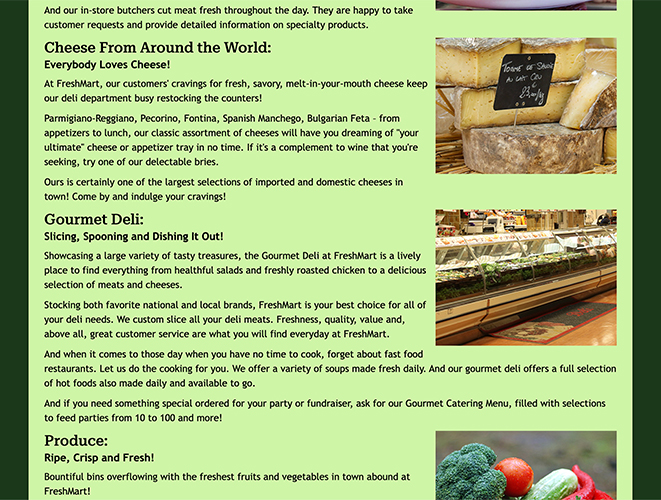 An image of a website for the fictitious "FreshMart" store. The image shows a section of the "Our Services" page.