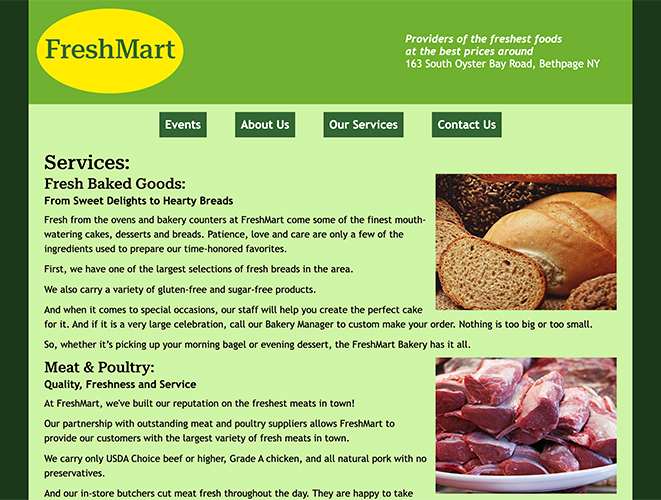 An image of a website for the fictitious "FreshMart" store. The image shows the top portion of the "Our Services" page.