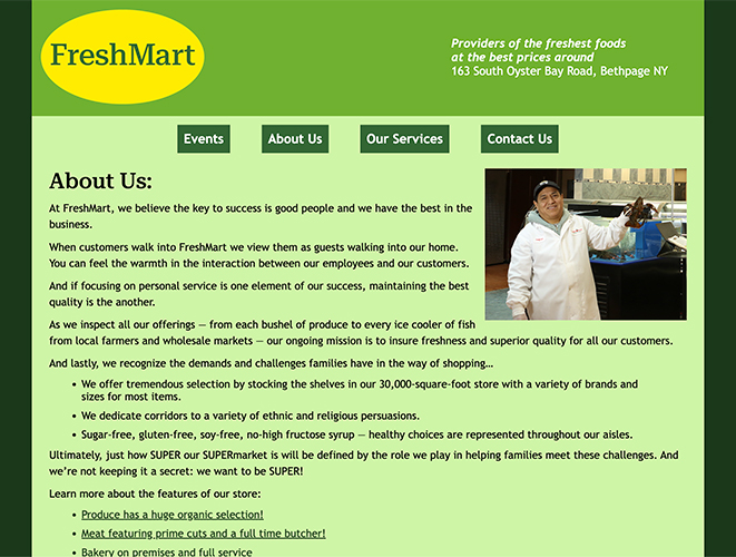 An image of a website for the fictitious "FreshMart" store. The image shows the top portion of the "About Us" page.