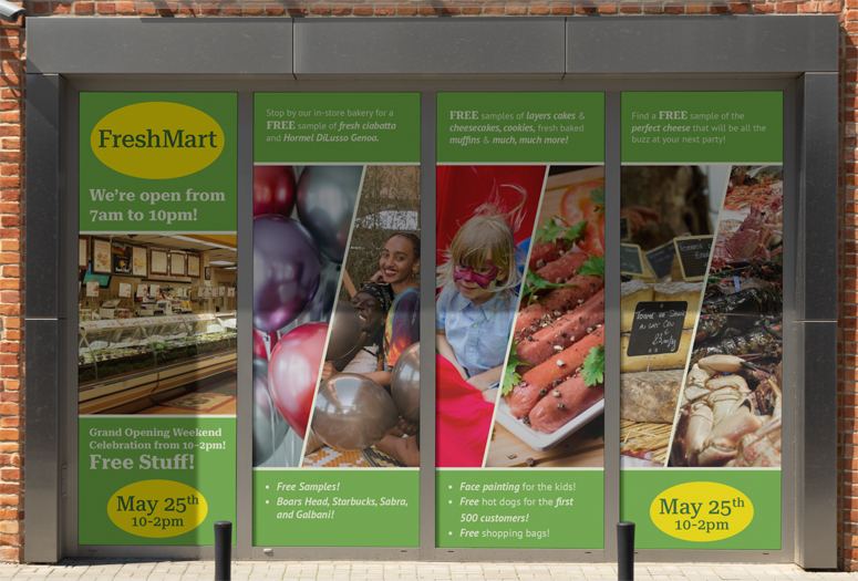 Some window decals made for the promotional campaign for the fictitious "FreshMart" store.