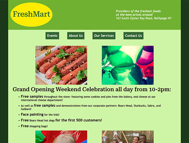 An image of a website for the fictitious "FreshMart" store. The image shows the top portion of the "Events" page.