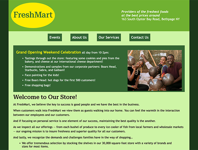 An image of a website for the fictitious "FreshMart" store. The image shows the top portion of the homepage.