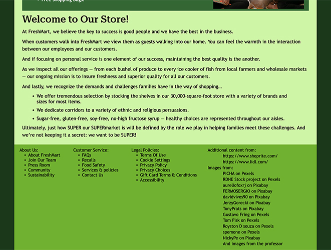 An image of a website for the fictitious "FreshMart" store. The image shows the bottom of the homepage.