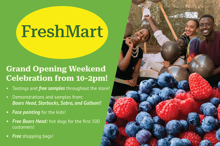 The front of a postcard made for the promotional campaign for the fictitious "FreshMart" store.