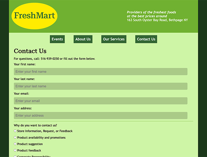 An image of a website for the fictitious "FreshMart" store. The image shows the top portion of the "Contact Us" page.