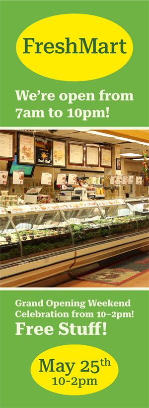 The first window decal for the promotional campaign for the fictitious "FreshMart" store.