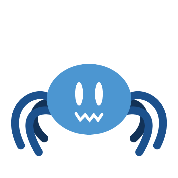 An animated gif of a spider-like creature. Its oval body is light blue, while its six visible legs are dark blue. It has an almost person-like face, bearing two eyes and a jagged mouth.