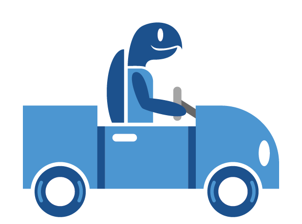 An animated gif of a turtle in a car. Nobody knows who gave him the driver's license. The car is light blue with dark blue tires. The turtle's head, neck, arms, and back carapace are dark blue, while his underbelly is light blue.