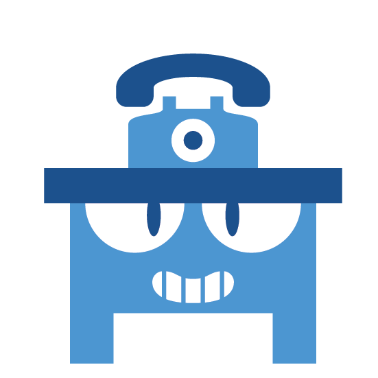 An animated gif of a telephone ringing on a table. The table's top is dark blue in color, while the rest of it is light blue. The telephone itself is dark blue, while the base is a light blue. Both are cartoonish and personified to some extent: the table has eyes and a mouth below its top, while the telephone's base has a lone eye that looks upward as the phone keeps ringing.