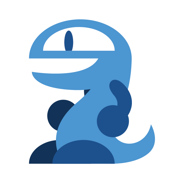 An animated gif of a bipedal, lizard-like creature. It's arms and feet are dark blue, with the arm and foot behind its main body being darker for contrast. Its main body, tail, and head are all light blue. Its pupils are also a light blue, and they lie somewhat near the front of its large eyes. The eyes are shaped like semi-circles, making the creature look quite happy.