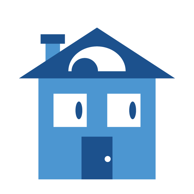 An animated gif of a house, cartoonishly swelling in a bouncy movement. It has a single normal floor and a triangular roof; with two square windows on the first floor and a semi-circular window in the attic. It is cartoonishly personified, with each window being a different eye, with the attic window having a larger, more circular pupil, albeit only half of it is seen. The bottom exterior wall is light blue, while the door and roof are dark blue. The chimney is light blue with a dark blue crown. The pupils are dark blue, and the door knob is white.