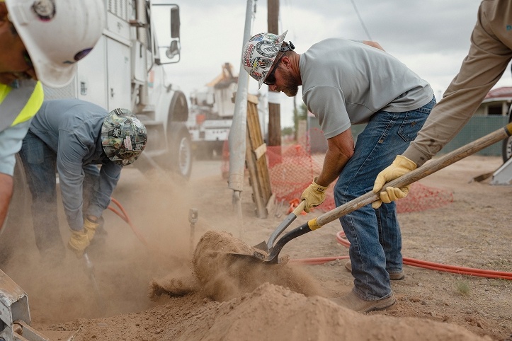 Three construction workers in helmets and gloves digging and shoveling dirt at a construction site with dust in the air.