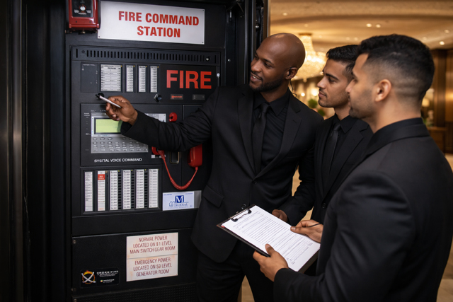 Three men in black suits examining and discussing a fire command station panel.
