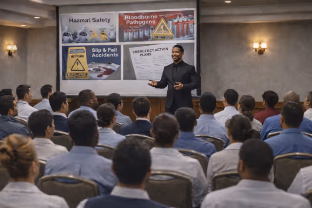 Male safety instructor giving a presentation on hazard safety topics to an audience of seated workers.