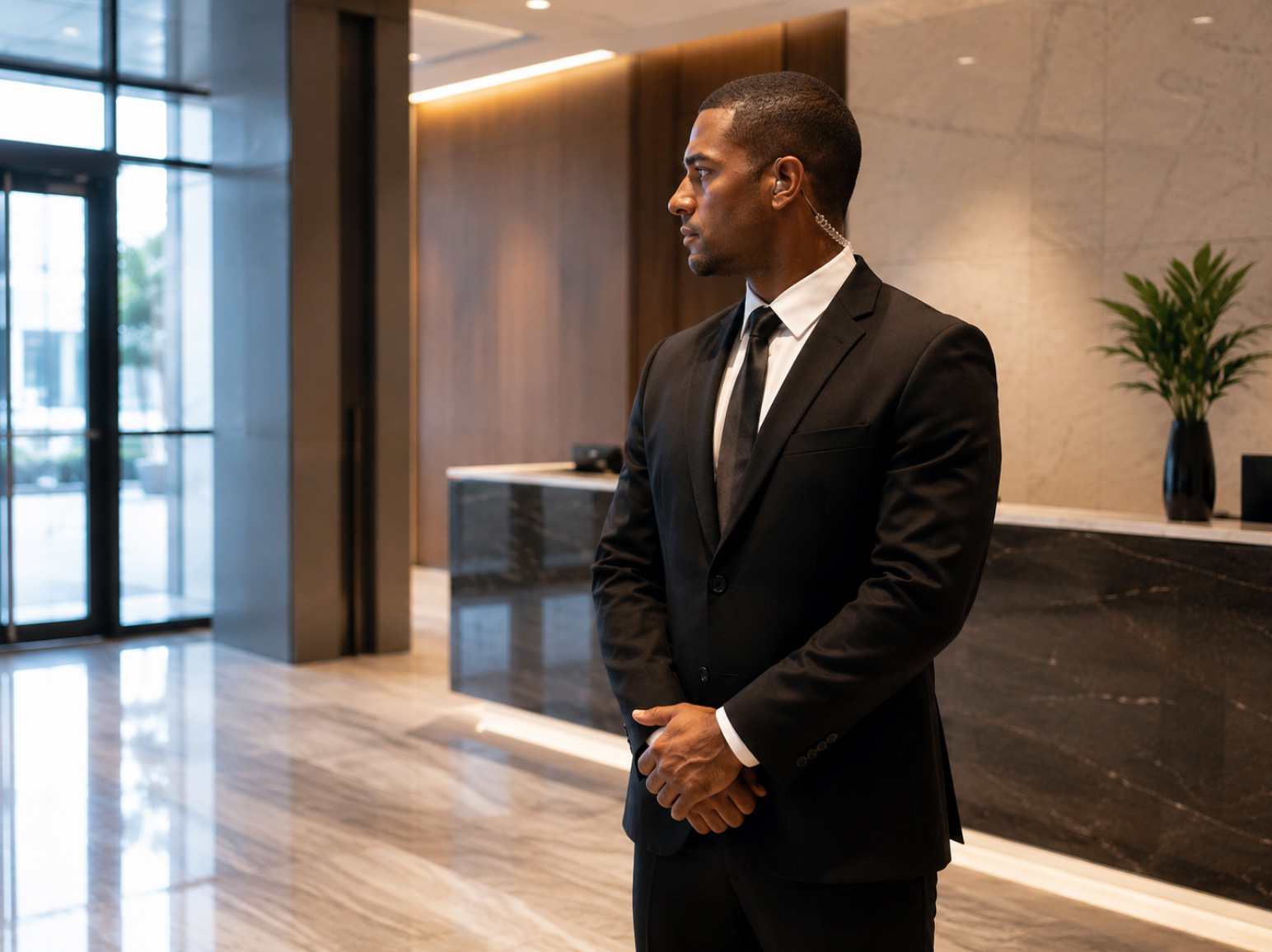 Security guard in black suit and earpiece standing alert in the lobby of a modern building.