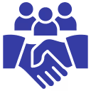 Icon of three people above two hands shaking, symbolizing collaboration or partnership.