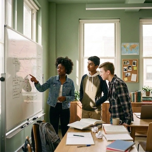 Three students working together