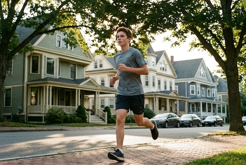 Boy running on residential street