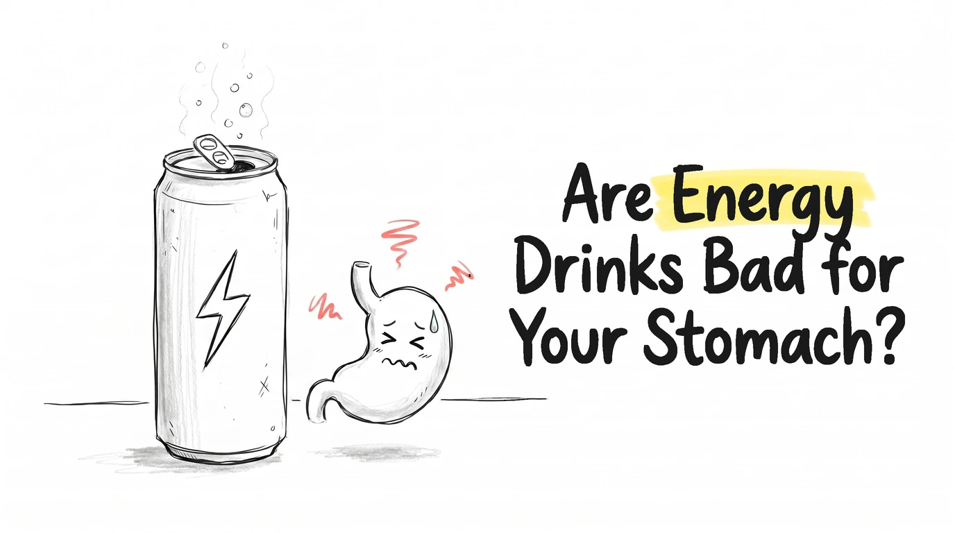 A tall energy drink can with a lightning bolt on it beside a small cartoon stomach character with coral marks at its side. Thumbnail for the Know Your Gut article Are Energy Drinks Bad for Your Stomach?
