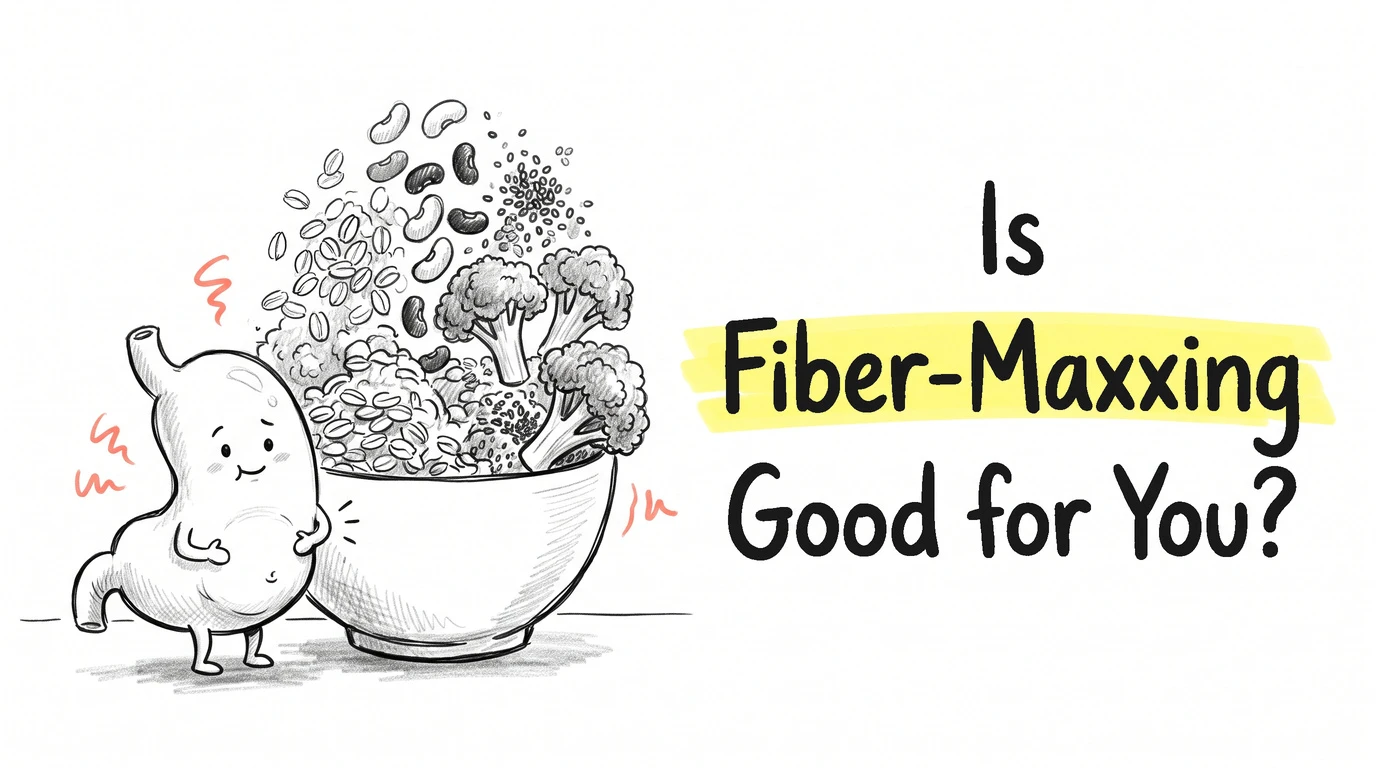 An oversized bowl heaped with vegetables, grains and greens beside a small cartoon stomach character with coral marks at its side. Thumbnail for the Know Your Gut article Is Fiber-Maxxing Actually Good for You?