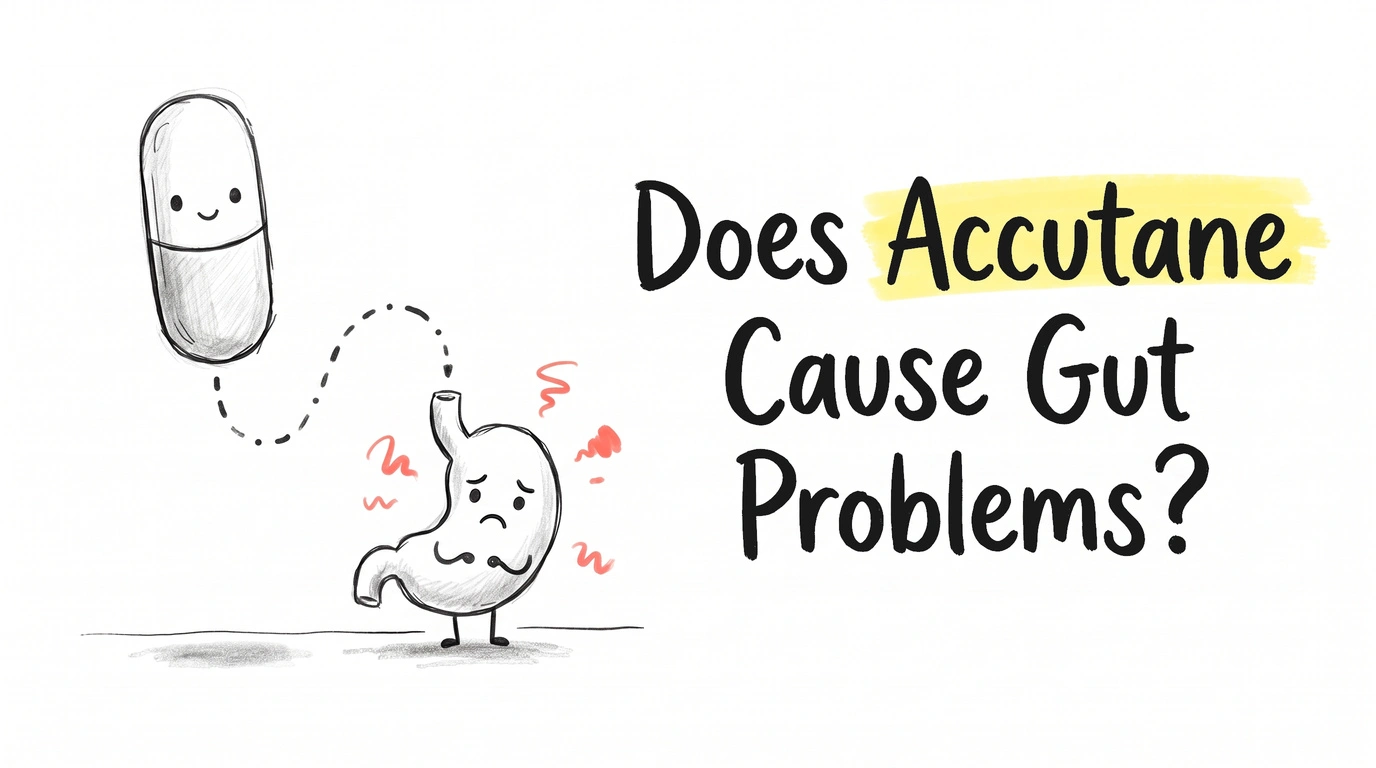 A large capsule with a face and a dotted line running down to a small cartoon stomach character with a pained face and coral marks. Thumbnail for the Know Your Gut article Does Accutane Cause Gut Problems?
