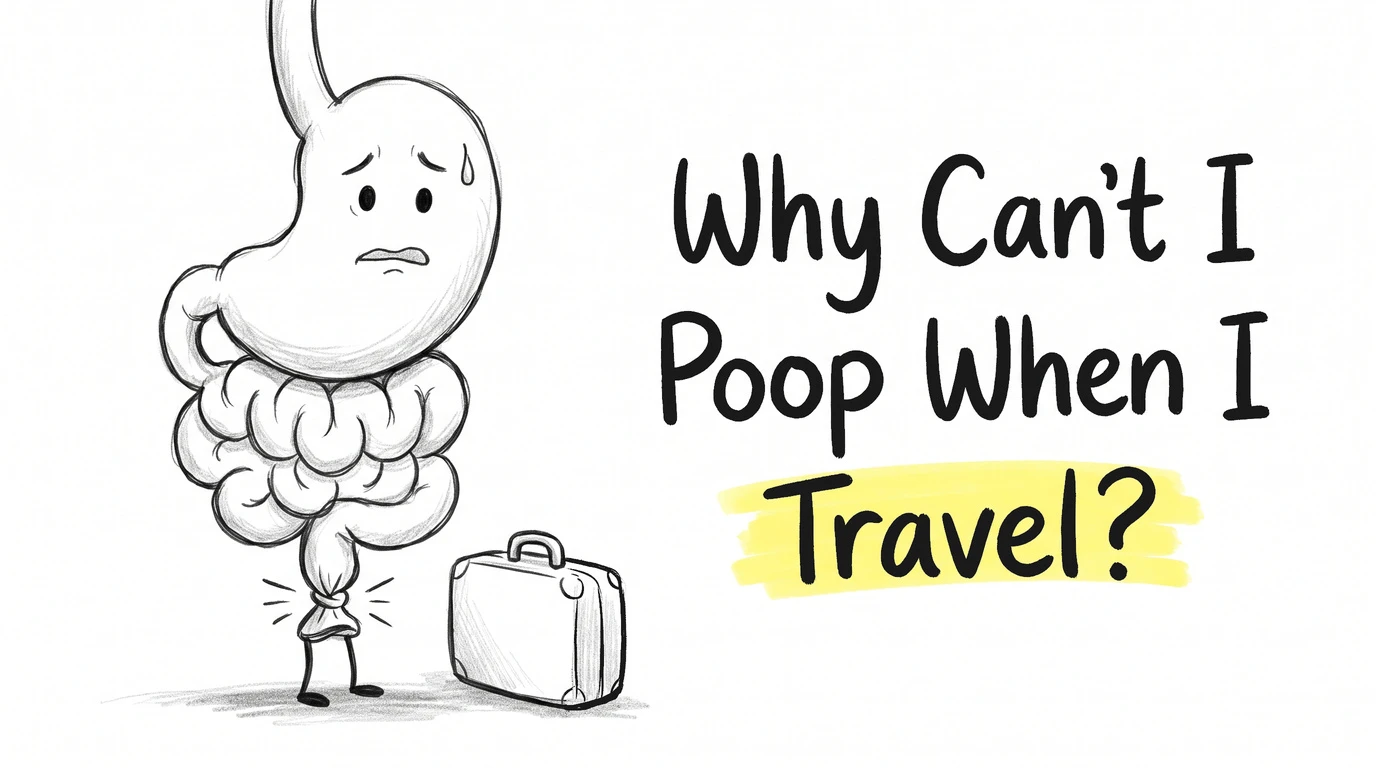 A cartoon stomach character standing beside a suitcase, with a pinched-shut lower tube and an uneasy face. Thumbnail for the Know Your Gut article Why Can't I Poop When I Travel?
