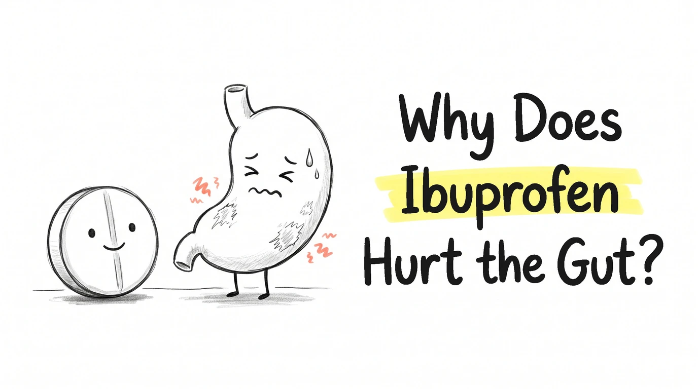A large round tablet with a face beside a cartoon stomach character with scrunched eyes and a sweat drop, scratched worn patches and coral marks on its side. Thumbnail for the Know Your Gut article Why Does Ibuprofen Hurt My Stomach?