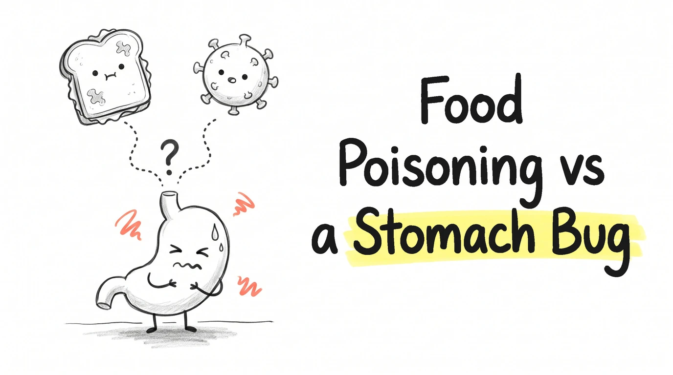A slice of bread and a round virus, both with faces, above a cartoon stomach character with scrunched eyes and a sweat drop, dotted lines running down from each and a question mark between them. Thumbnail for the Know Your Gut article Food Poisoning vs a Stomach Bug
