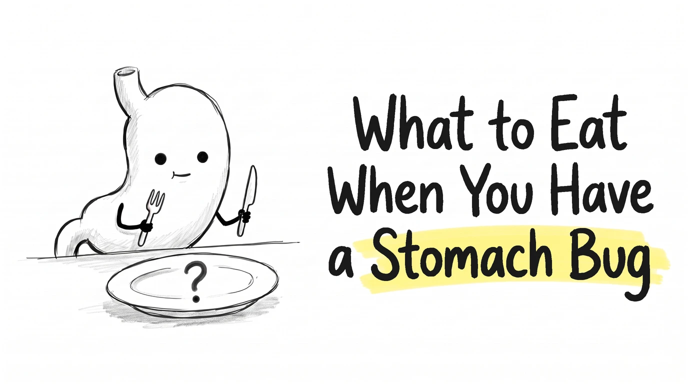 A cartoon stomach character sitting at a table holding a fork and a knife, with a question mark on the empty plate in front of it. Thumbnail for the Know Your Gut article What to Eat When You Have a Stomach Bug