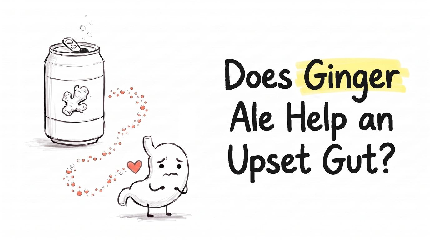 An open ginger ale can with a trail of coral bubbles curling down to a cartoon stomach character with a wavy mouth, a small heart beside it. Thumbnail for the Know Your Gut article Does Ginger Ale Help an Upset Stomach?