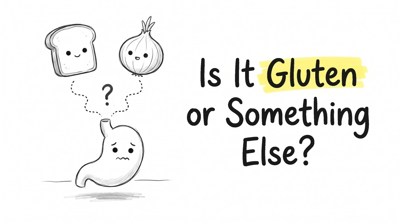 A smiling slice of bread and a smiling onion above a cartoon stomach character, with a dotted line running from each down to it and a question mark between them. Thumbnail for the Know Your Gut article Is It Gluten, or Is It Something Else?