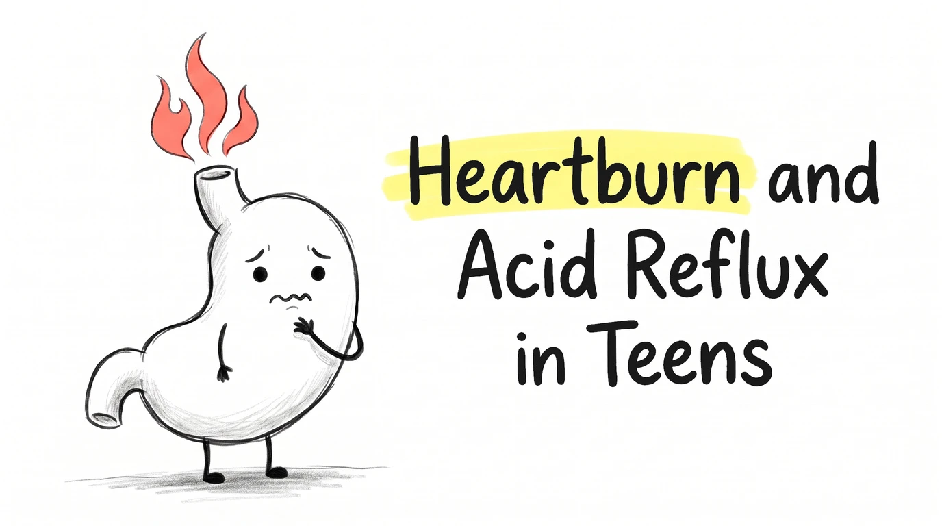 A cartoon stomach character with coral flames rising out of its upper tube, a worried face and one hand on itself. Thumbnail for the Know Your Gut article Heartburn and Acid Reflux in Teens