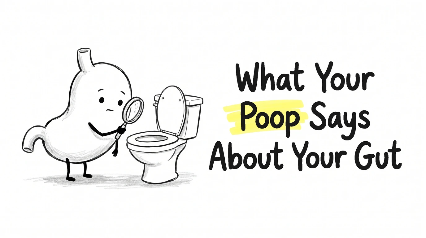 A cartoon stomach character holding a magnifying glass up to an open toilet with the seat up. Thumbnail for the Know Your Gut article What Your Poop Actually Says About Your Gut