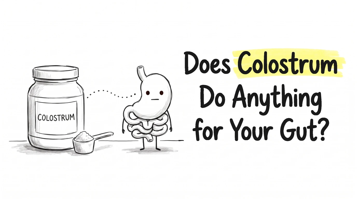 A cartoon gut character with a flat, unimpressed mouth beside a tub of colostrum powder and a loose scoop. Thumbnail for the Know Your Gut article Does Colostrum Actually Do Anything for Your Gut?