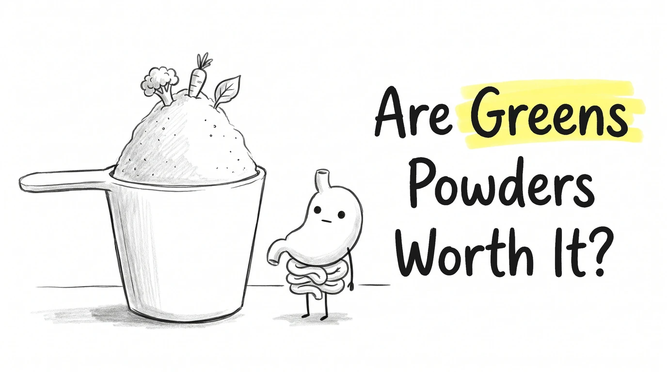 A cartoon gut character beside an oversized scoop heaped with powder, with three tiny vegetables sitting on the mound. Thumbnail for the Know Your Gut article Are Greens Powders Worth It?