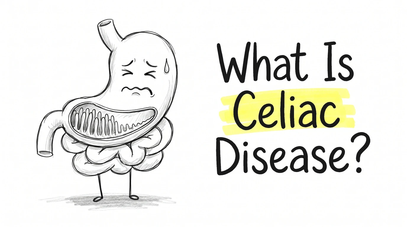 A cartoon gut character with a pained face beside a cutaway loop where the lining's villi fringe flattens to a bare smooth surface. Thumbnail for the Know Your Gut article What Is Celiac Disease?