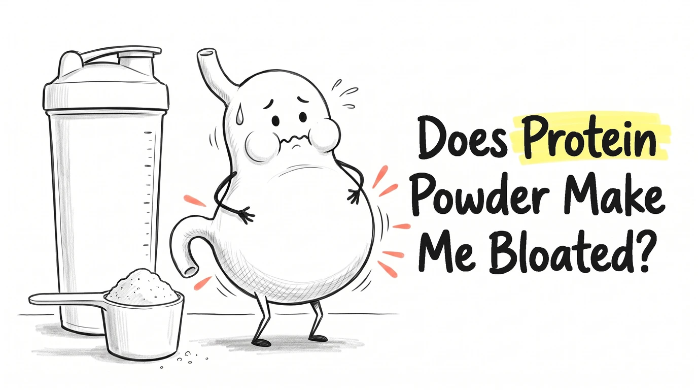 A cartoon stomach character with a balloon-puffed belly and puffy cheeks, resting its arms on itself beside a shaker bottle and a scoop of powder. Thumbnail for the Know Your Gut article Why Does Protein Powder Make Me Bloated?