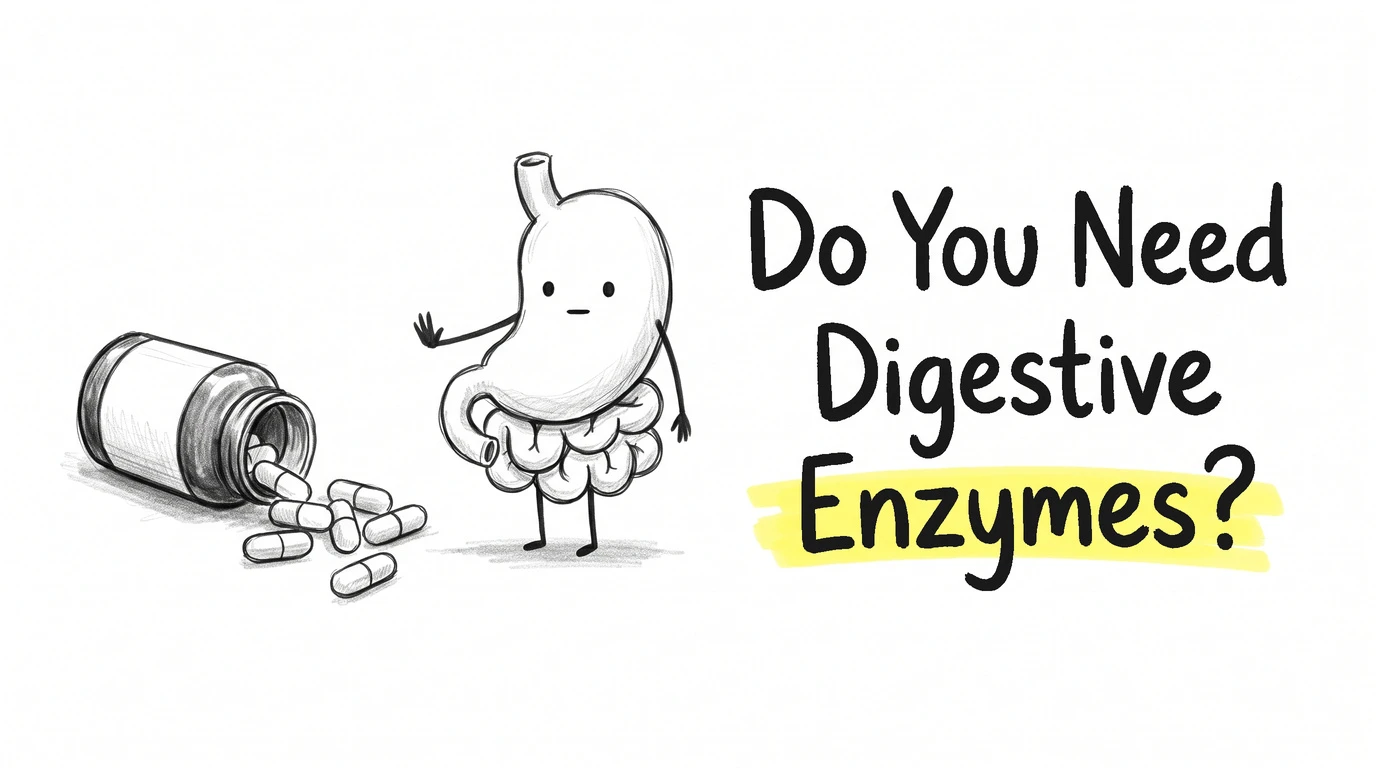 A cartoon gut character holding up one open palm to refuse a tipped-over pill bottle with capsules spilled out. Thumbnail for the Know Your Gut article Digestive Enzymes: Who Actually Needs Them?